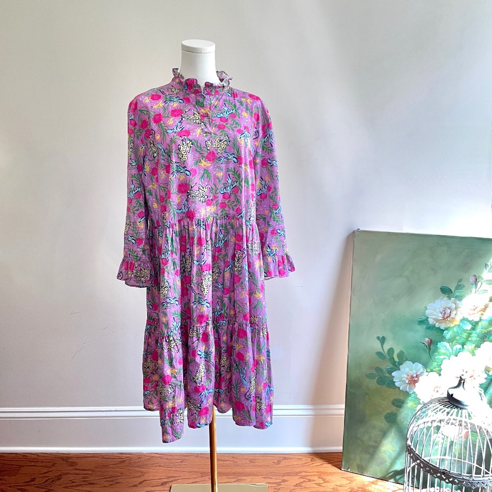 Floral Pink Tiered Ruffle-Neck Dress